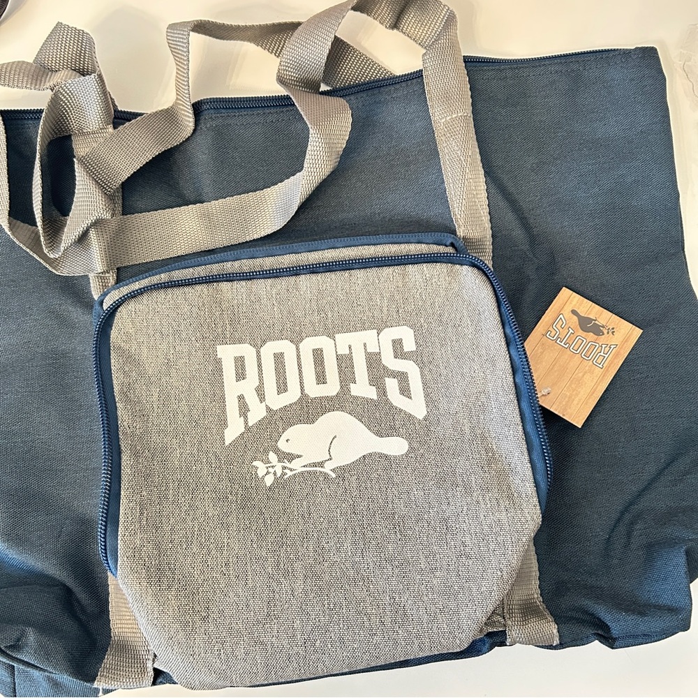 Roots packable tote bag navy blue grey portable lightweight